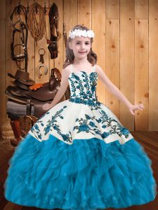 Stunning Baby Blue Straps Neckline Embroidery and Ruffles Kids Pageant Dress Sleeveless Lace Up