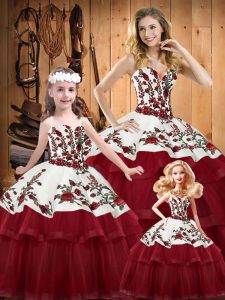 Excellent Wine Red Sleeveless Satin and Organza Lace Up Quinceanera Gown for Military Ball and Sweet 16 and Quinceanera