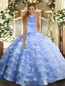 Halter Top Sleeveless Backless Quince Ball Gowns Blue Organza