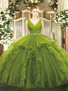 Colorful Floor Length Olive Green Sweet 16 Quinceanera Dress V-neck Sleeveless Zipper