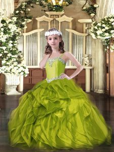 Floor Length Lace Up Little Girls Pageant Gowns Olive Green for Military Ball and Sweet 16 and Quinceanera with Beading and Ruffles