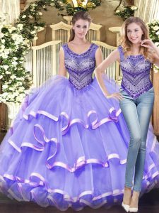 High End Lavender Quinceanera Gown Military Ball and Sweet 16 and Quinceanera with Beading and Ruffled Layers Scoop Sleeveless Lace Up