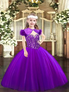 Lovely Sleeveless Floor Length Beading Lace Up Evening Gowns with Purple