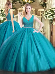 Best Selling Floor Length Teal Quinceanera Dresses V-neck Sleeveless Zipper