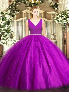 Stunning Purple Quince Ball Gowns Military Ball and Sweet 16 and Quinceanera with Beading V-neck Sleeveless Zipper