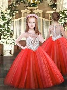 Coral Red Ball Gowns Tulle Scoop Sleeveless Beading Floor Length Zipper Kids Pageant Dress