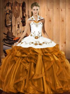 Brown Sleeveless Satin and Organza Lace Up Ball Gown Prom Dress for Military Ball and Sweet 16 and Quinceanera