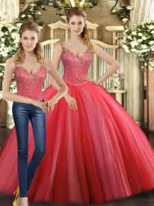 New Arrival Coral Red Ball Gowns Beading Quinceanera Dress Lace Up Tulle Sleeveless Floor Length