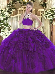 Chic Eggplant Purple Backless 15 Quinceanera Dress Beading and Ruffles Sleeveless Floor Length