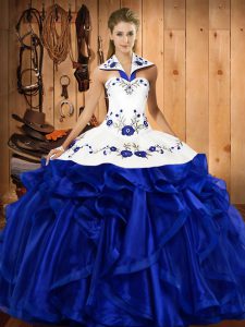 Royal Blue Halter Top Neckline Embroidery and Ruffles Quinceanera Dress Sleeveless Lace Up