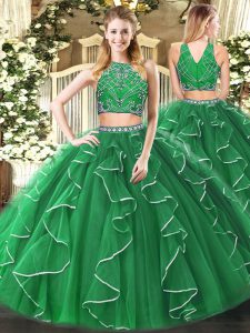 Low Price Beading and Ruffles Sweet 16 Dresses Green Zipper Sleeveless Floor Length