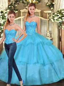 Discount Two Pieces Quinceanera Gown Aqua Blue Sweetheart Organza Sleeveless Floor Length Lace Up