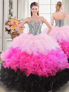 Modern Sweetheart Sleeveless Ball Gown Prom Dress Floor Length Beading and Ruffles Multi-color Organza