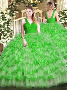 Green Organza Zipper V-neck Sleeveless Floor Length Sweet 16 Quinceanera Dress Ruffled Layers