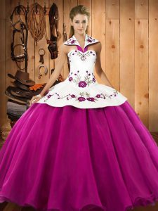 Graceful Sleeveless Satin and Tulle Floor Length Lace Up Quinceanera Dress in Fuchsia with Embroidery