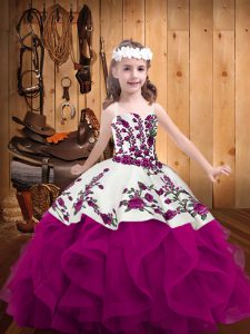 Exquisite Floor Length Fuchsia Little Girls Pageant Dress Straps Sleeveless Lace Up