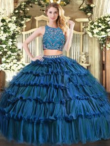 Teal High-neck Neckline Beading and Ruffled Layers Sweet 16 Dresses Sleeveless Zipper