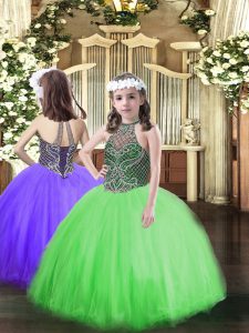 Beading Pageant Dress for Girls Green Lace Up Sleeveless Floor Length