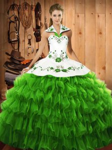 Exquisite Halter Top Neckline Embroidery and Ruffled Layers 15th Birthday Dress Sleeveless Lace Up