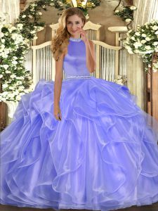 Best Selling Lavender 15th Birthday Dress Military Ball and Sweet 16 and Quinceanera with Beading and Ruffles Halter Top Sleeveless Backless