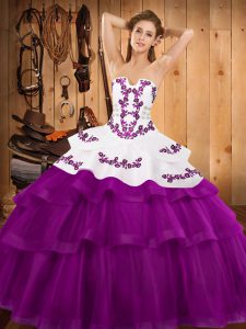 Custom Made Strapless Sleeveless Sweep Train Lace Up Ball Gown Prom Dress Fuchsia Tulle