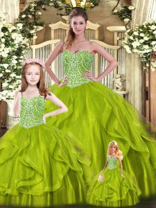 Cute Olive Green Ball Gowns Organza Sweetheart Sleeveless Beading and Ruffles Floor Length Lace Up Quinceanera Dress