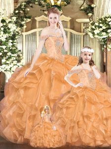 Ball Gowns Quince Ball Gowns Orange Red Off The Shoulder Tulle Sleeveless Floor Length Lace Up