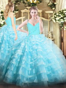 Aqua Blue Ball Gowns Spaghetti Straps Sleeveless Organza Floor Length Zipper Ruffled Layers Sweet 16 Dress