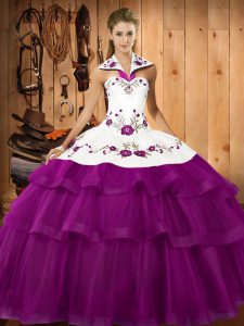 Eggplant Purple and White And Red Sleeveless Sweep Train Embroidery and Ruffled Layers Quinceanera Dress