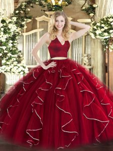 Wine Red Two Pieces Halter Top Sleeveless Organza Floor Length Zipper Ruffles Vestidos de Quinceanera