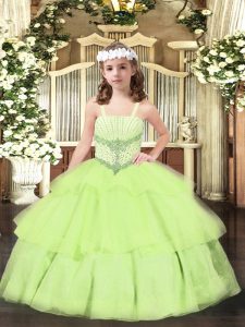 Sleeveless Beading and Ruffled Layers Lace Up Kids Formal Wear