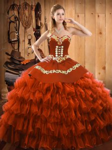 Vintage Floor Length Rust Red Quinceanera Gowns Satin and Organza Sleeveless Embroidery and Ruffled Layers