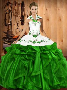 Satin and Organza Halter Top Sleeveless Lace Up Embroidery and Ruffles 15 Quinceanera Dress in