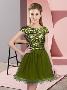 Fine Olive Green Quinceanera Court of Honor Dress Prom and Party and Wedding Party with Sequins Scoop Cap Sleeves Zipper