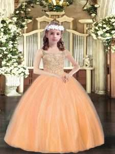 Floor Length Lace Up Evening Gowns Orange for Party and Sweet 16 and Quinceanera and Wedding Party with Beading