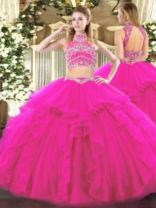 Fuchsia High-neck Backless Beading and Ruffles Sweet 16 Dresses Sleeveless