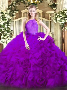 Traditional Sleeveless Fabric With Rolling Flowers Floor Length Zipper Vestidos de Quinceanera in Eggplant Purple with Lace