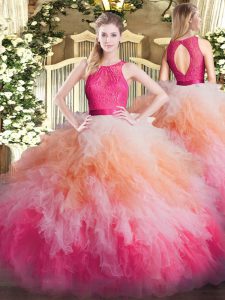 Great Multi-color Organza Zipper Scoop Sleeveless Floor Length 15 Quinceanera Dress Lace and Ruffles