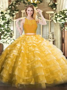 Gold Sleeveless Organza Zipper Quince Ball Gowns for Military Ball and Sweet 16 and Quinceanera