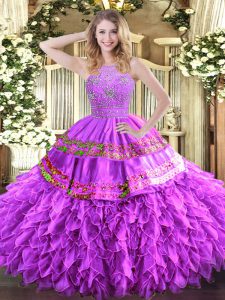 Lilac Halter Top Neckline Beading and Ruffles and Sequins Vestidos de Quinceanera Sleeveless Zipper