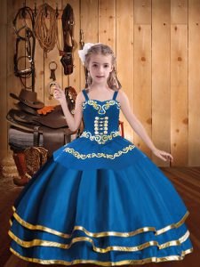 Excellent Floor Length Blue Custom Made Pageant Dress Organza Sleeveless Embroidery and Ruffled Layers