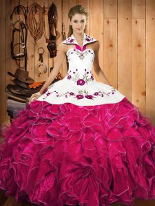 Glamorous Fuchsia Lace Up Halter Top Embroidery and Ruffles Sweet 16 Quinceanera Dress Satin and Organza Sleeveless