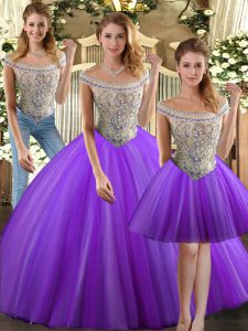 Hot Sale Eggplant Purple Three Pieces Bateau Sleeveless Tulle Floor Length Lace Up Beading Sweet 16 Quinceanera Dress