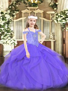 High Class Lavender Sleeveless Beading and Ruffles Floor Length Glitz Pageant Dress