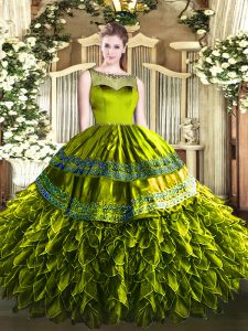 Fantastic Olive Green Scoop Zipper Beading and Ruffles Quince Ball Gowns Sleeveless