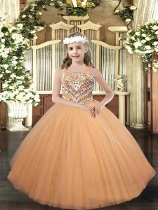 Sleeveless Tulle Floor Length Lace Up Girls Pageant Dresses in Peach with Beading