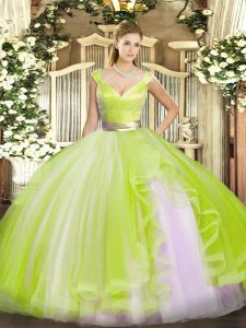 Yellow Green V-neck Zipper Beading and Ruffles Quinceanera Gown Sleeveless