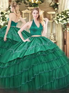 Fantastic Dark Green Organza and Taffeta Zipper Sweet 16 Dress Sleeveless Floor Length Embroidery and Ruffled Layers