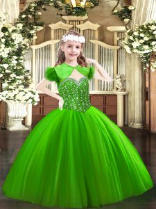 High Quality Straps Sleeveless Little Girl Pageant Gowns Floor Length Beading Green Tulle