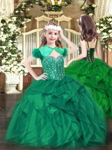 Popular Floor Length Lace Up Little Girls Pageant Dress Dark Green for Party and Quinceanera with Beading and Ruffles